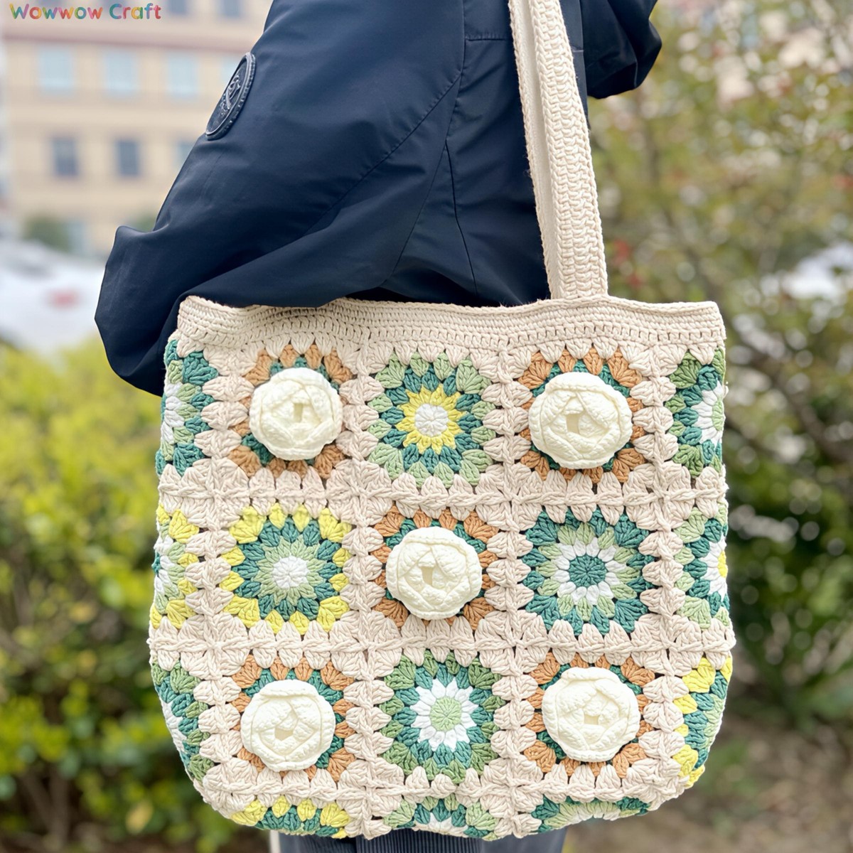 Shoulder Bags,Totes,Crochet Bags,Granny Square Tote crocheted with Snow Fairy Yarn - Beautiful Hand-Crocheted Shoulder Bag